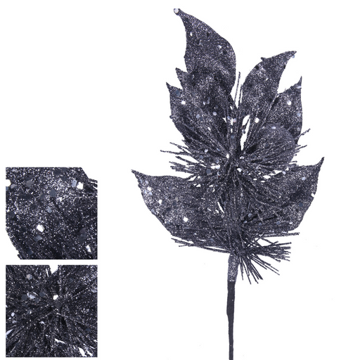 Ronis Glitter Floral Leaf Stem 30cm Iron Grey