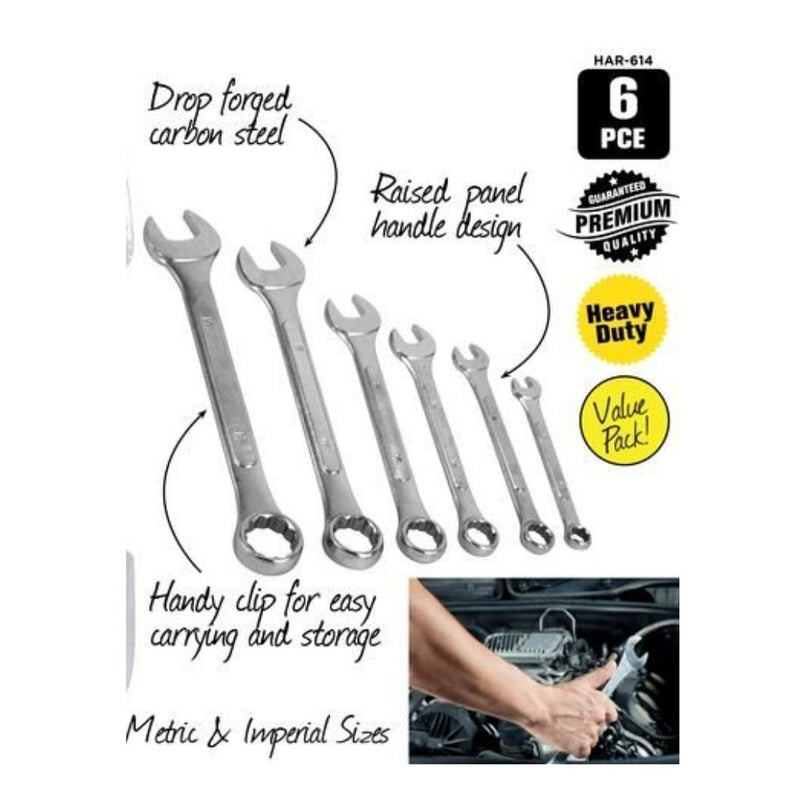 6pce Spanner Ring + Open End Set-19/17/14/12/10/8cm-Asst