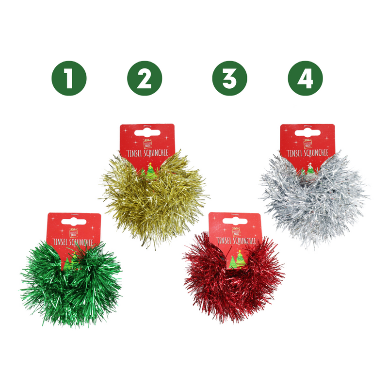 Ronis Hair Scrunchie with Tinsel Pom Pom 4 Asstd