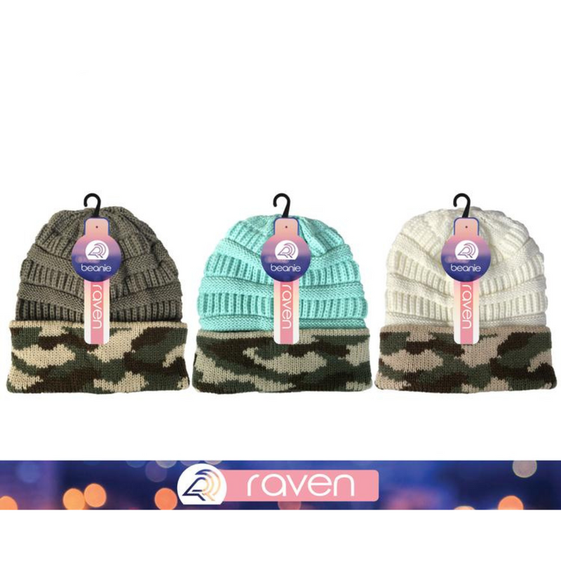 Ronis Ladies Camo Fold Rib Knit Beanie 3 Asstd