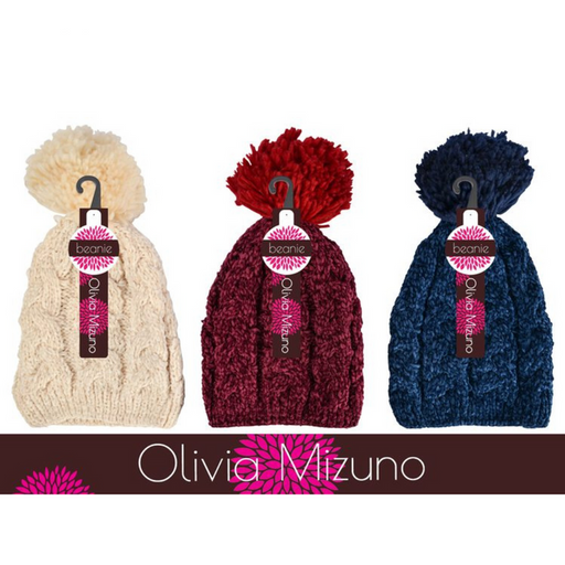 Ronis Ladies Chenille Soft Beanie with Pompom 3 Asstd