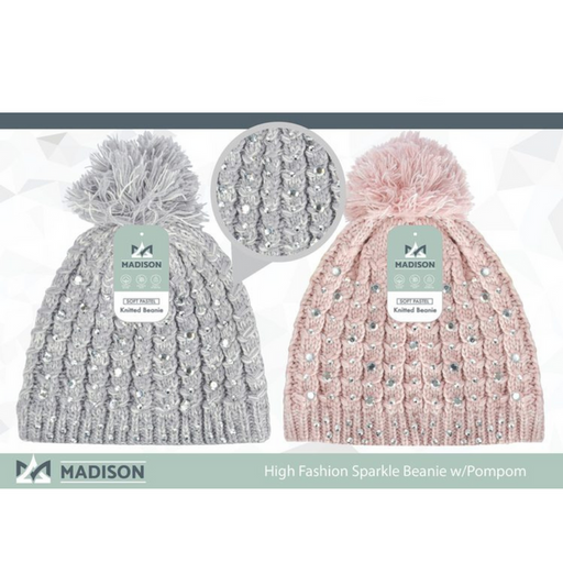 Ronis Ladies High Fashion Sparkle Beanie with Pompom 2 Asstd