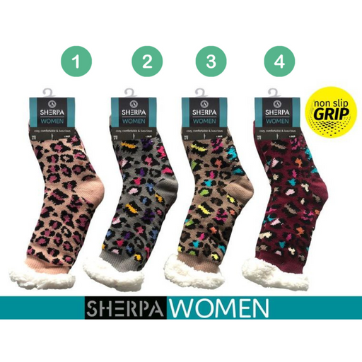 Ronis Ladies Knitted Sherpa Leopard Socks 4 Asstd