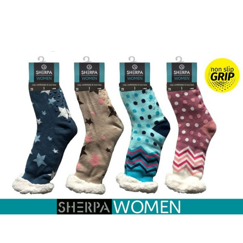 Ronis Ladies Knitted Sherpa Socks Dots Stars 4 Asstd
