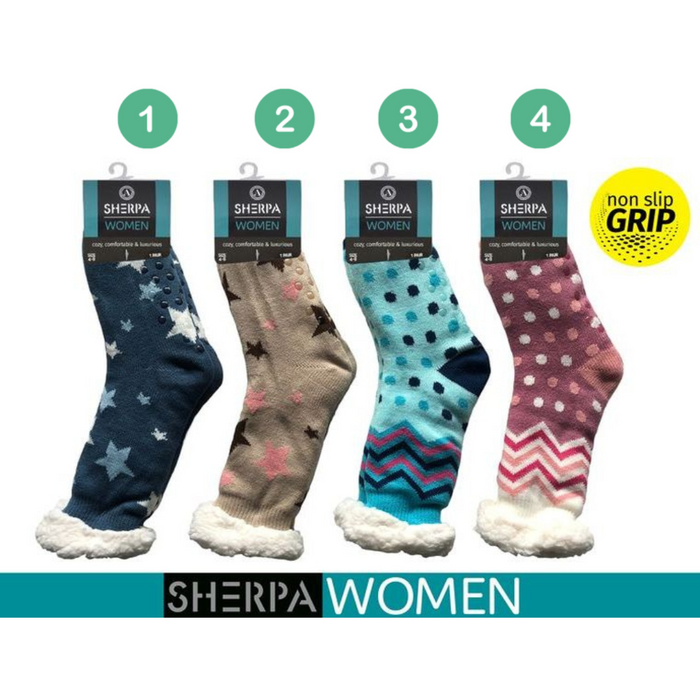 Ronis Ladies Knitted Sherpa Socks Dots Stars 4 Asstd