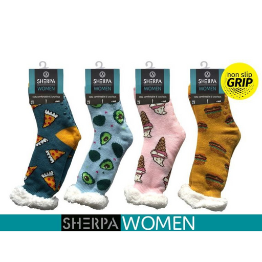 Ronis Ladies Knitted Sherpa Socks Food 4 Asstd