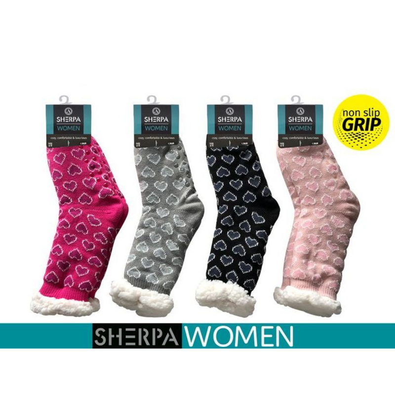 Ronis Ladies Knitted Sherpa Socks Hearts 4 Asstd