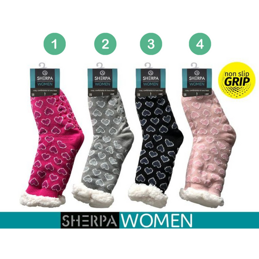 Ronis Ladies Knitted Sherpa Socks Hearts 4 Asstd