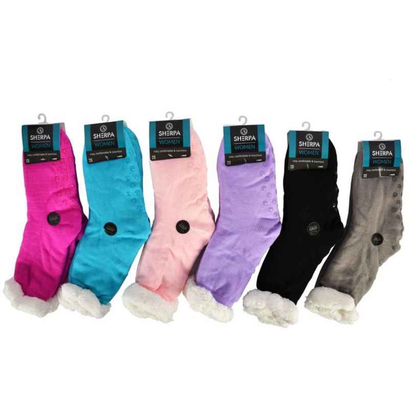 Ronis Ladies Knitted Sherpa Socks Solid Colour 6 Asstd