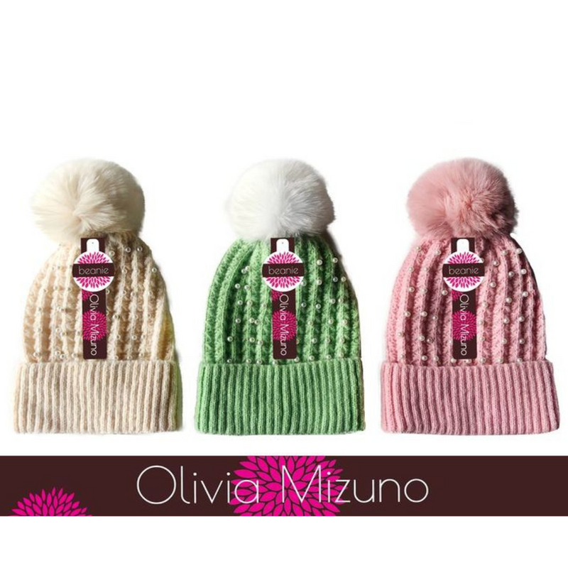 Ronis Ladies Plush Knit Beanie with Pearls 3 Asstd