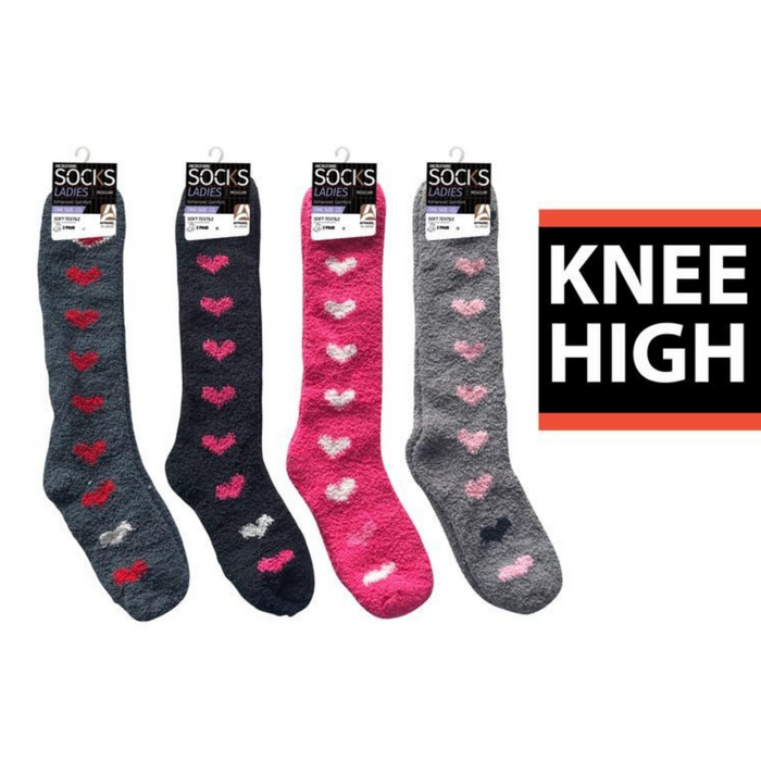 Ladies microfiber hearts knee socks in assorted designs for soft and cosy everyday wear.