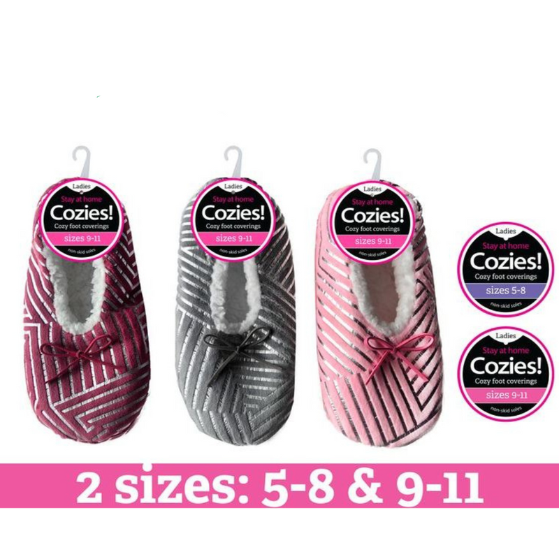 Ladies sherpa slippers with foil stripe detail in assorted colours, warm fluffy indoor house slippers for cosy lounging