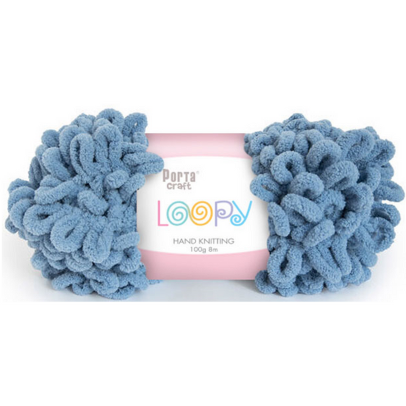 Loopy Yarn 100g 8m in solid sky blue colour, chunky pre-looped yarn for finger knitting and DIY blankets
