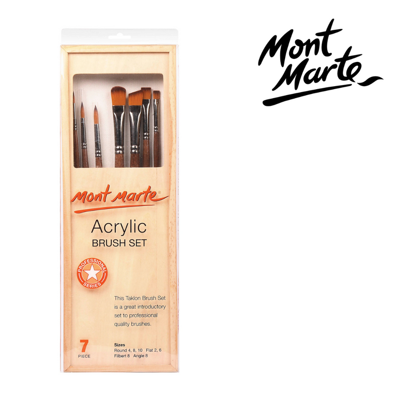 Seven-piece acrylic paint brush set stored in a wood brush box for easy organization