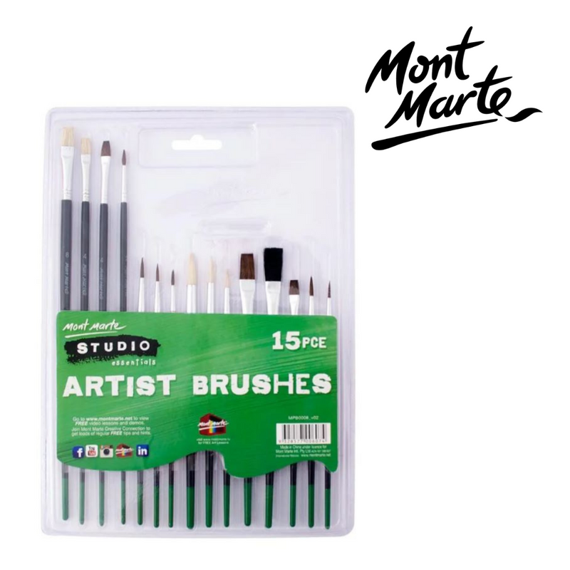 MM Brushes 15pc paint brush set with assorted sizes for acrylic and watercolour painting