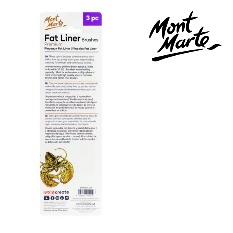 MM Fat Liner Brush Set Taklon/Squirrel sizes 16 10 6 – three liner paint brushes for long smooth lines, outlining and lettering in watercolour, ink and gouache