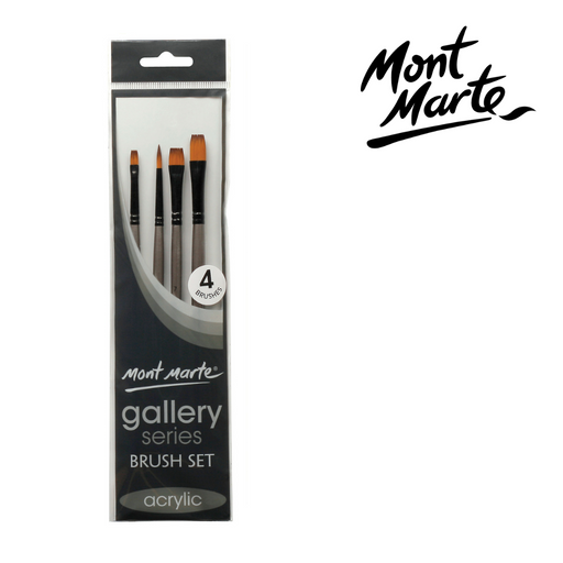 MM Gallery Series Acrylic Brush Set 4pc taklon brushes with wooden handles and black ferrules (Round 6, Flat 5, Flat 9, Bright 7)