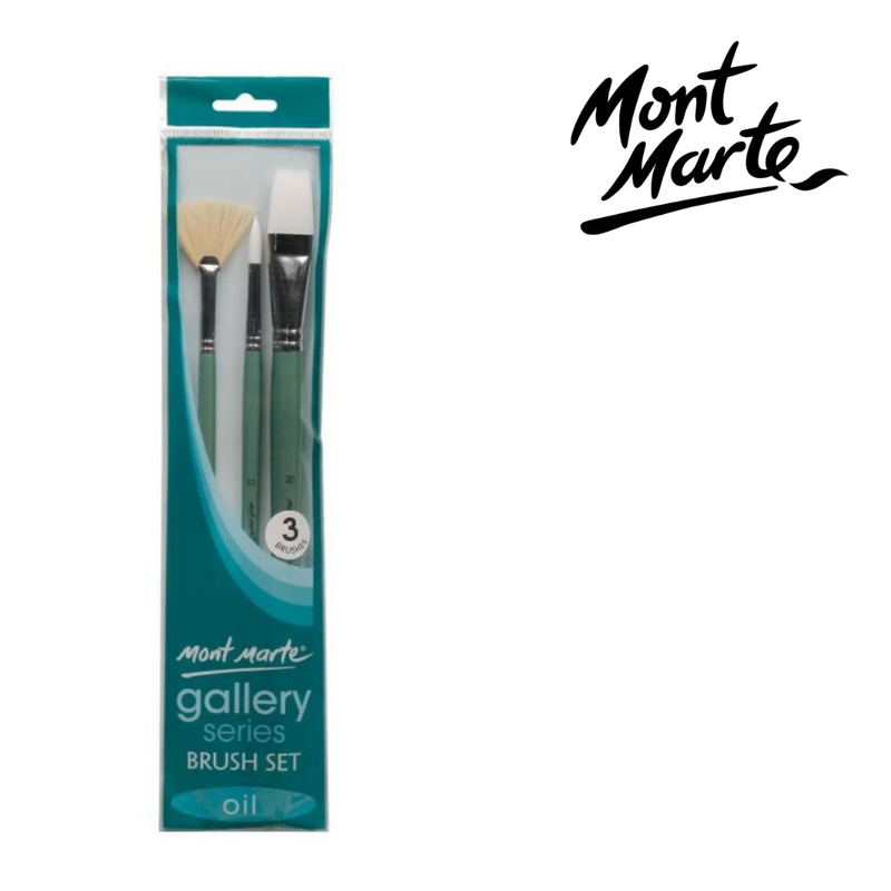 MM Gallery Series Brush Set Oils 3pc—assorted oil painting brushes for blocking-in, blending, and basic detailing on canvas.