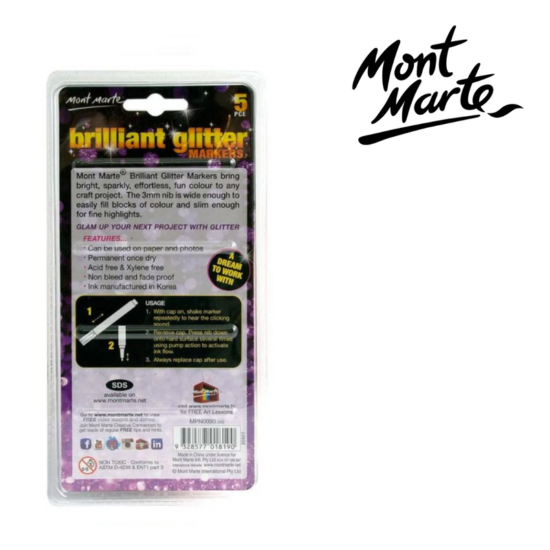 MM Glitter Markers 5pc shimmer marker set for crafts, cards and school projects
