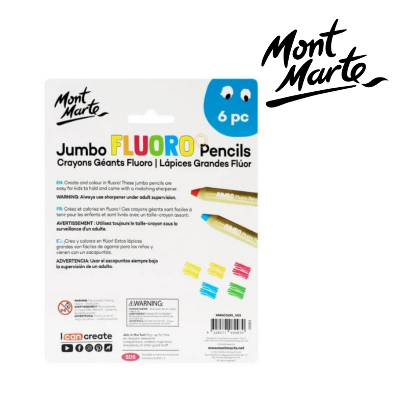MM Jumbo Fluoro Pencils with Sharpener 6pc – neon jumbo coloured pencils set for kids colouring and school art