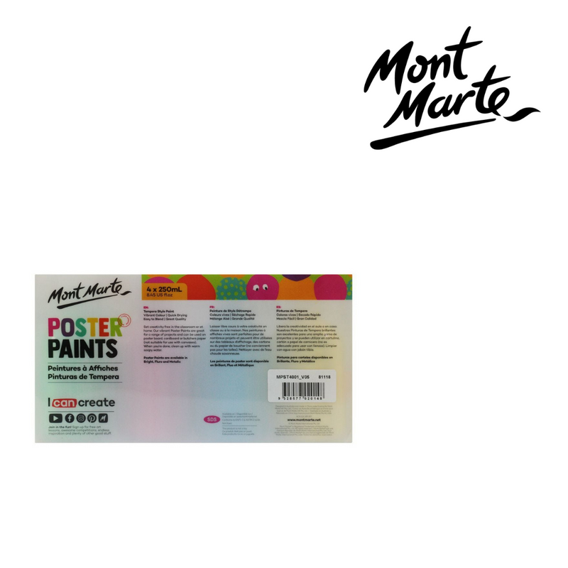 MM Poster Paint 4pc x 250ml Bright set – four bottles of bright poster paint for school projects, posters, classroom art and craft activities