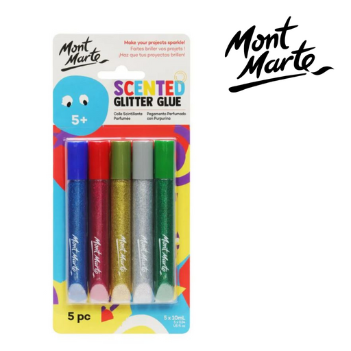 MM Scented Glitter Glue 5pc set of squeezable glitter glue pens with blueberry, strawberry, pineapple, peppermint and apple scents (3D effect)