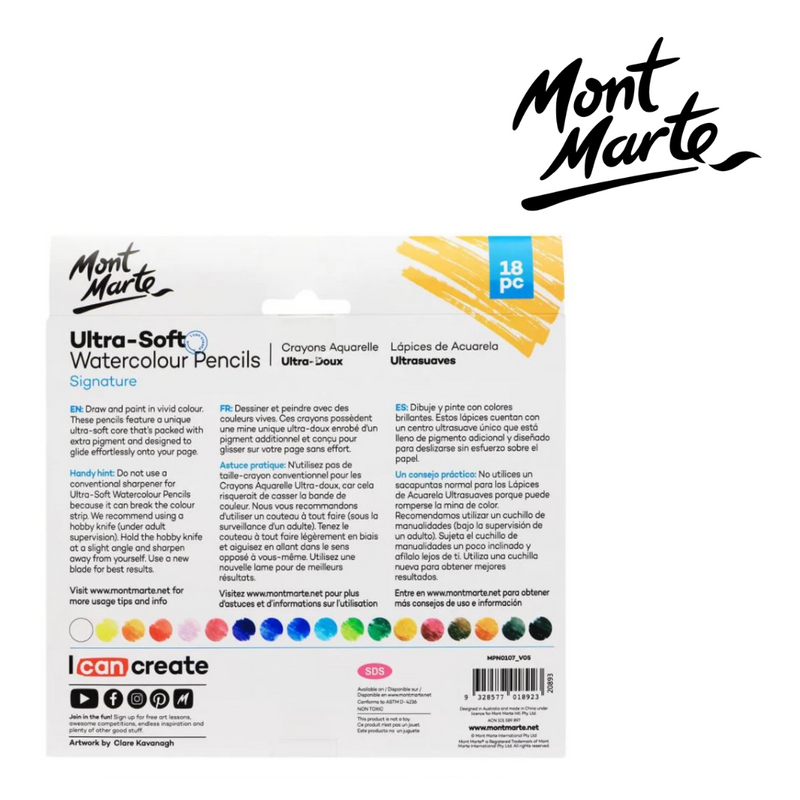 MM Ultra-Soft Watercolour Pencils 18pc water-soluble coloured pencil set for blending and washes