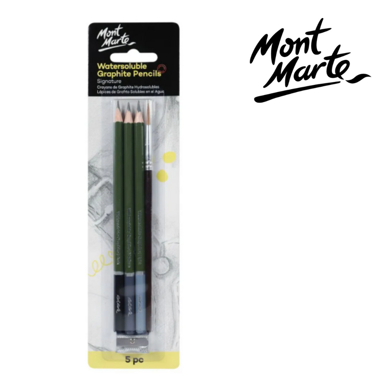 MM Watersoluble Graphite Pencil Set 5pc with 3 pencils (light, medium, dark), sharpener and brush for graphite wash effects