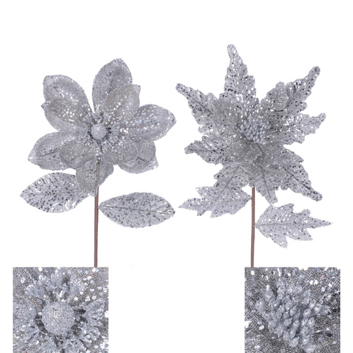 Silver Magnolia and Poinsettia Stem with Leaf 27cm/23cm Silver Assorted