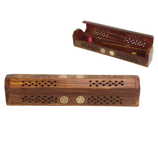Ronis Mango Wood Incense Box with Pentagram Design 30cm