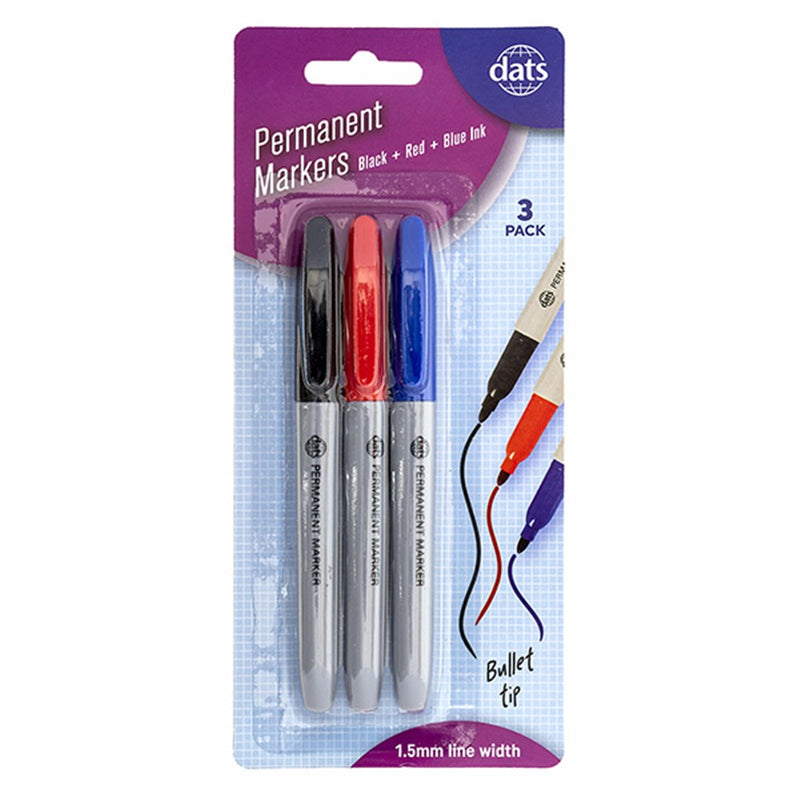 Pen style permanent markers 3 pack mixed black blue and red ink for labelling and colour coding