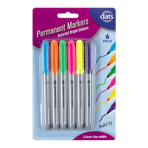 Pen style permanent markers 6 pack mixed bright colours for labelling and colour coding