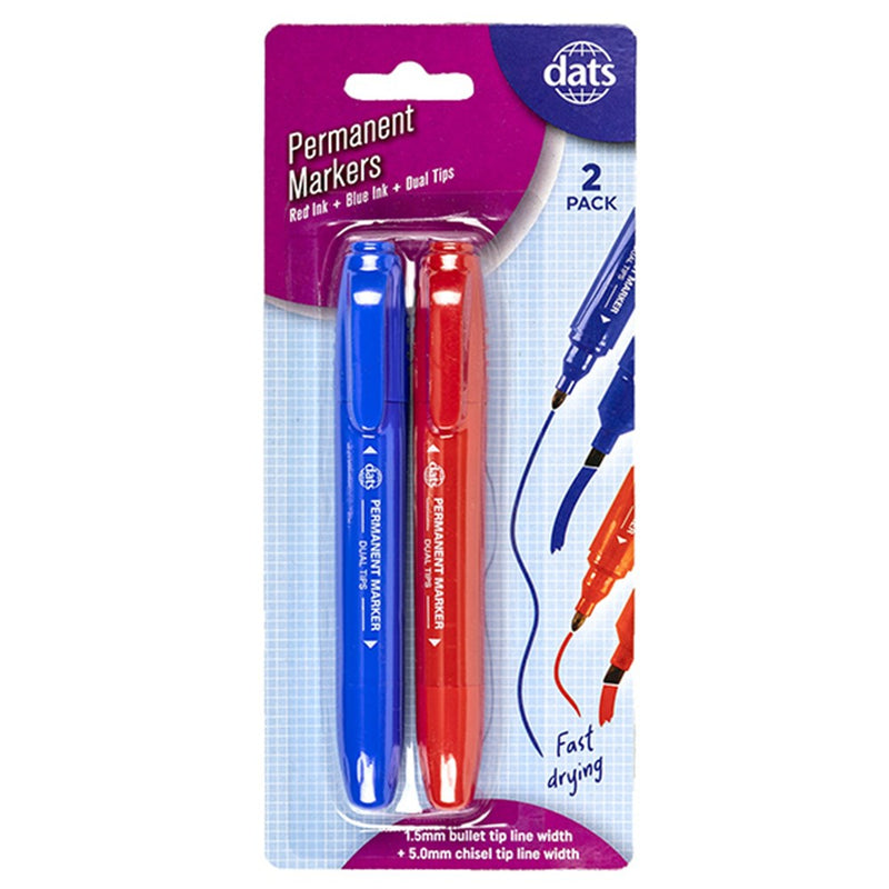 Dual tip permanent markers 2 pack mixed red and blue ink for labelling and colour coding