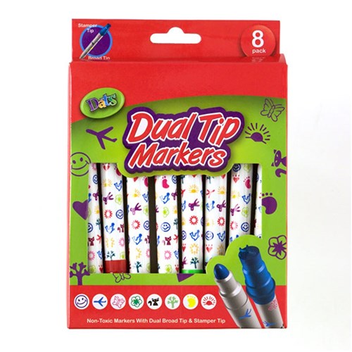 Dual tip marker stamper set 8 pack, coloured markers with stamp ends for kids crafts, journaling and scrapbooking.
