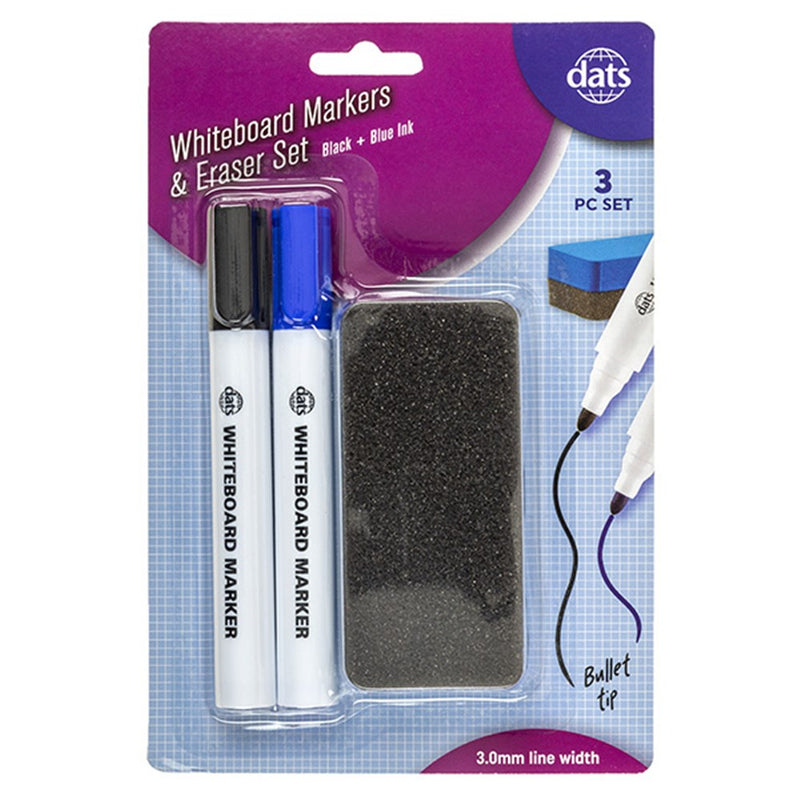 Whiteboard marker and eraser 3 piece set with black and blue dry erase markers for classroom and office