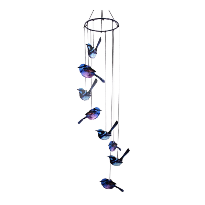 Metal blue wren wind chime 8pc outdoor hanging garden décor for patio, balcony and verandah