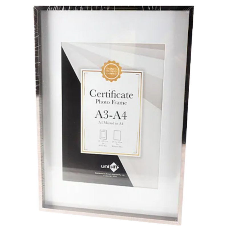 Metallic silver certificate frame suitable for A3 or A4 documents on an office wall
