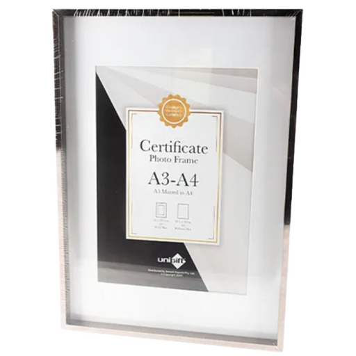 Metallic silver certificate frame suitable for A3 or A4 documents on an office wall