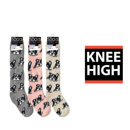 Microfiber ladies knee-high socks with puppy design in assorted colours, soft novelty knee socks ideal for cosy wear and boots