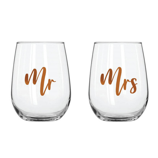 Ronis Mr and Mrs Stemless Wine Glass Set of 2 Rose Gold 600ml