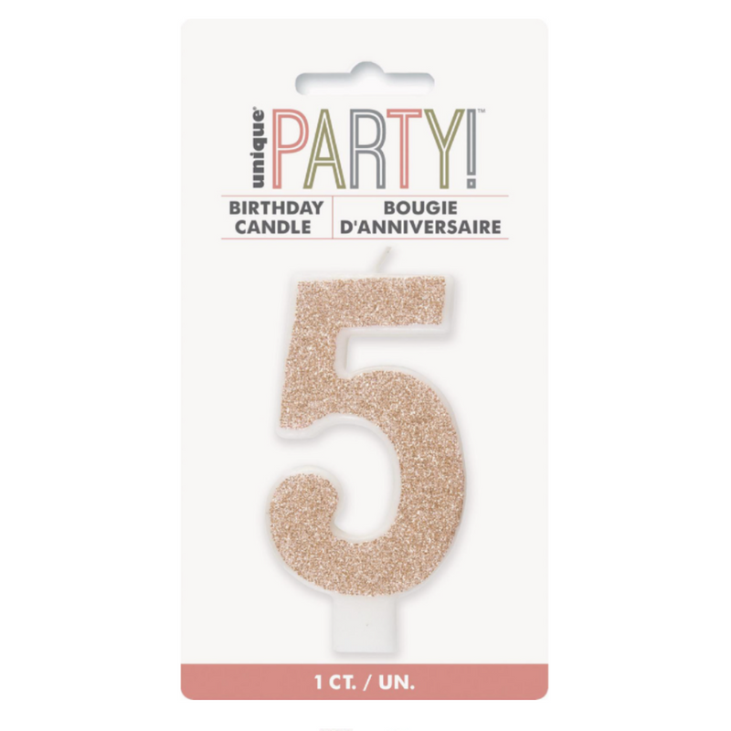 Glitter rose gold number 5 candle for birthdays and celebrations