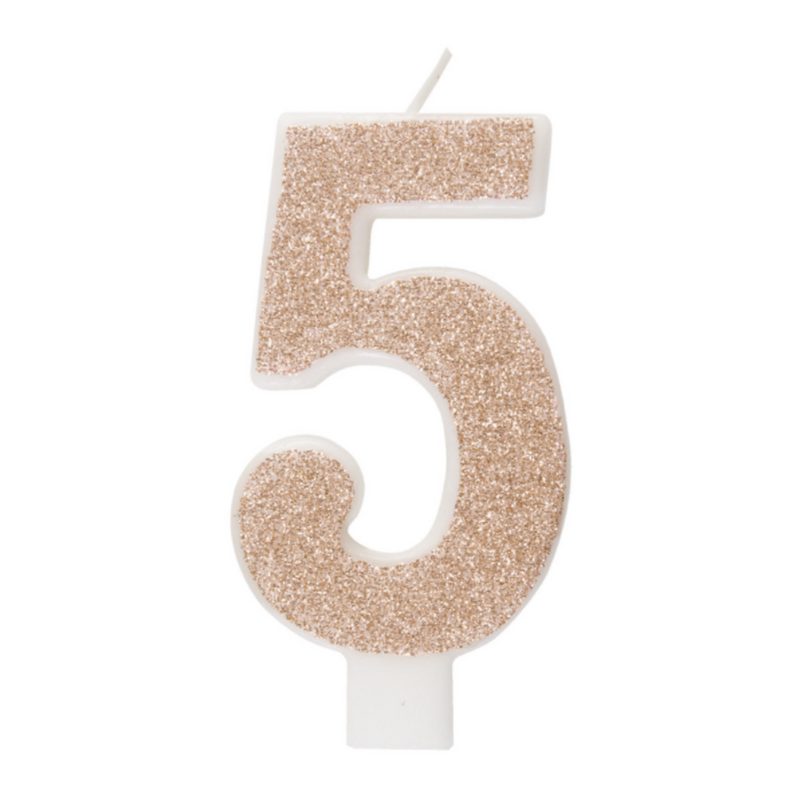 Glitter rose gold number 5 candle for birthdays and celebrations
