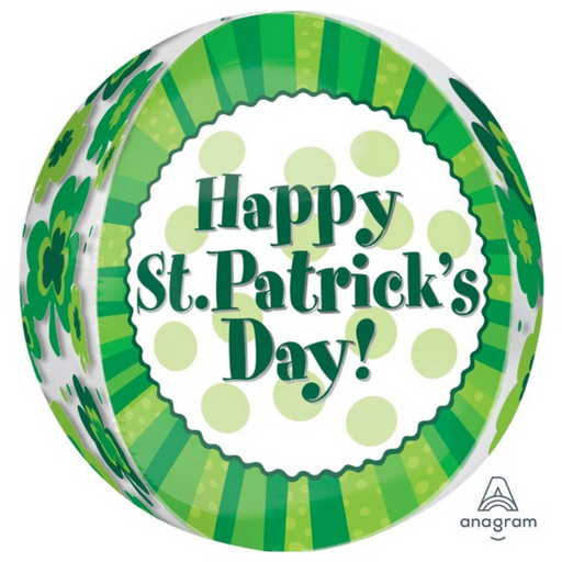 Round Orbz foil balloon “Happy St Patrick’s Day” (G20) with green-and-white Irish-themed icons, 38cm x 40cm