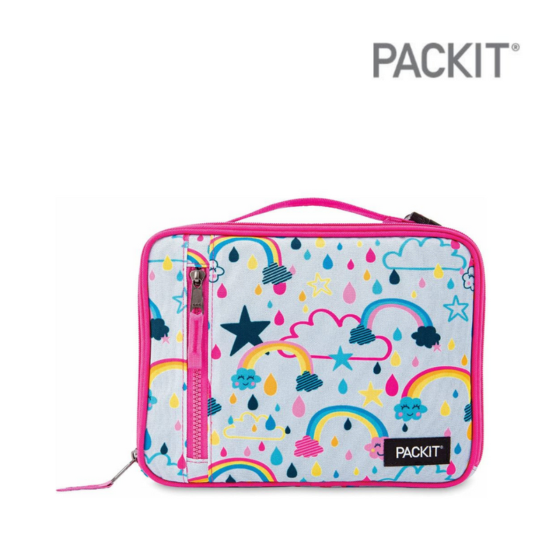 PackIt Freezable Classic Lunch Box Rainbow Sky with ECOFREEZE gel-lined walls, zip closure, front zip pocket and buckle handle