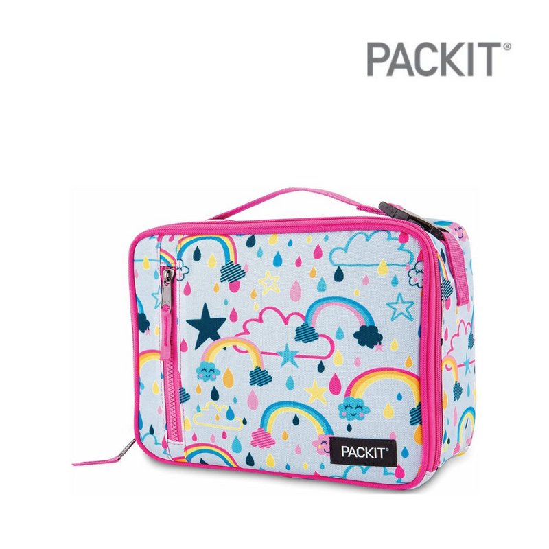 PackIt Freezable Classic Lunch Box Rainbow Sky with ECOFREEZE gel-lined walls, zip closure, front zip pocket and buckle handle