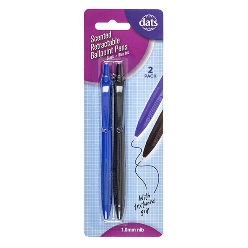 Scented retractable ballpoint pens 2 pack with grip mixed black and blue ink for school and office