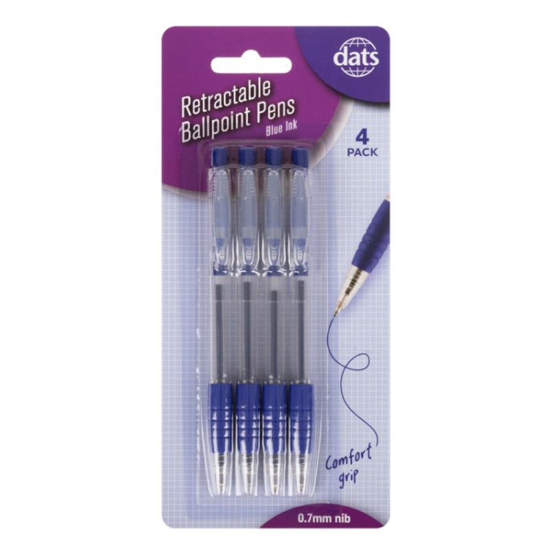 Retractable ballpoint pen 4-pack with blue ink for smooth everyday writing
