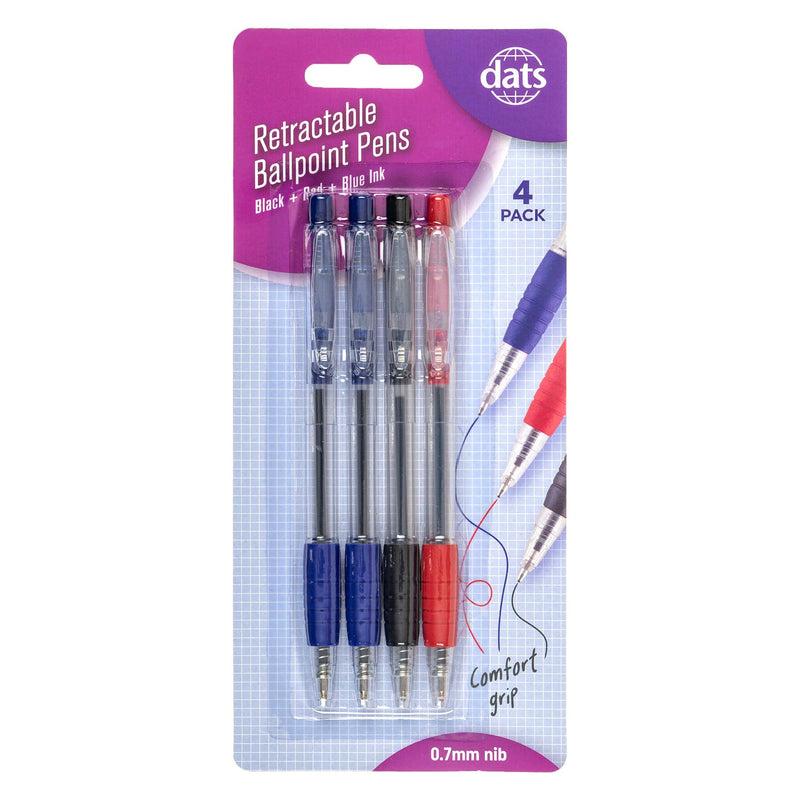 Retractable ballpoint pen 4-pack with mixed ink colours black blue and red for colour coding