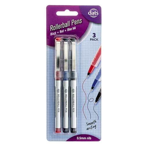 Rollerball pens 3 pack mixed black blue and red ink for smooth writing and colour coding