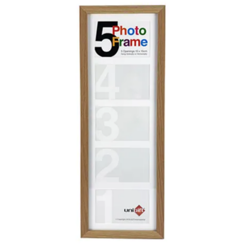 Natural photo frame collage 20x60cm with five 15x10cm photo openings for wall display